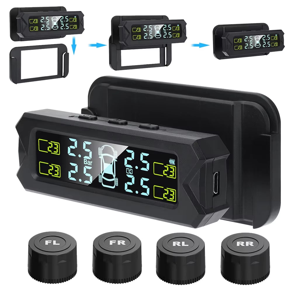 Auto Tire Pressure Monitoring System Digital Display External TPMS Real-Time Alarm System with Sensors 6Bar Safety Warning