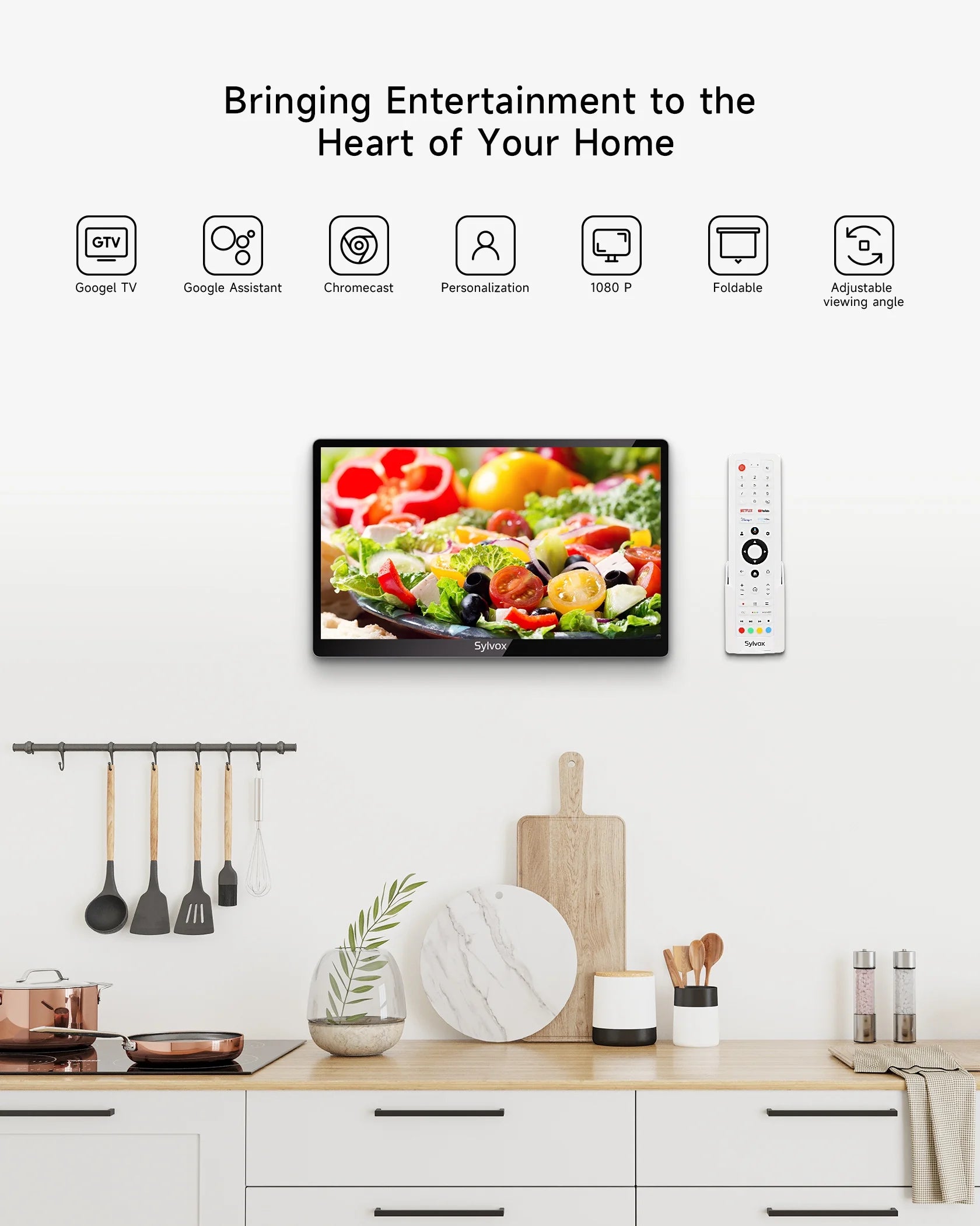 Kitchen TV, 15.6 Inch Small TV with Google System, Rotated & Foldable 1080P FHD Smart TV Support Google Assistant Wifi Bluetooth, under Cabinet TV for Kitchen, Bedroom, RV Camper